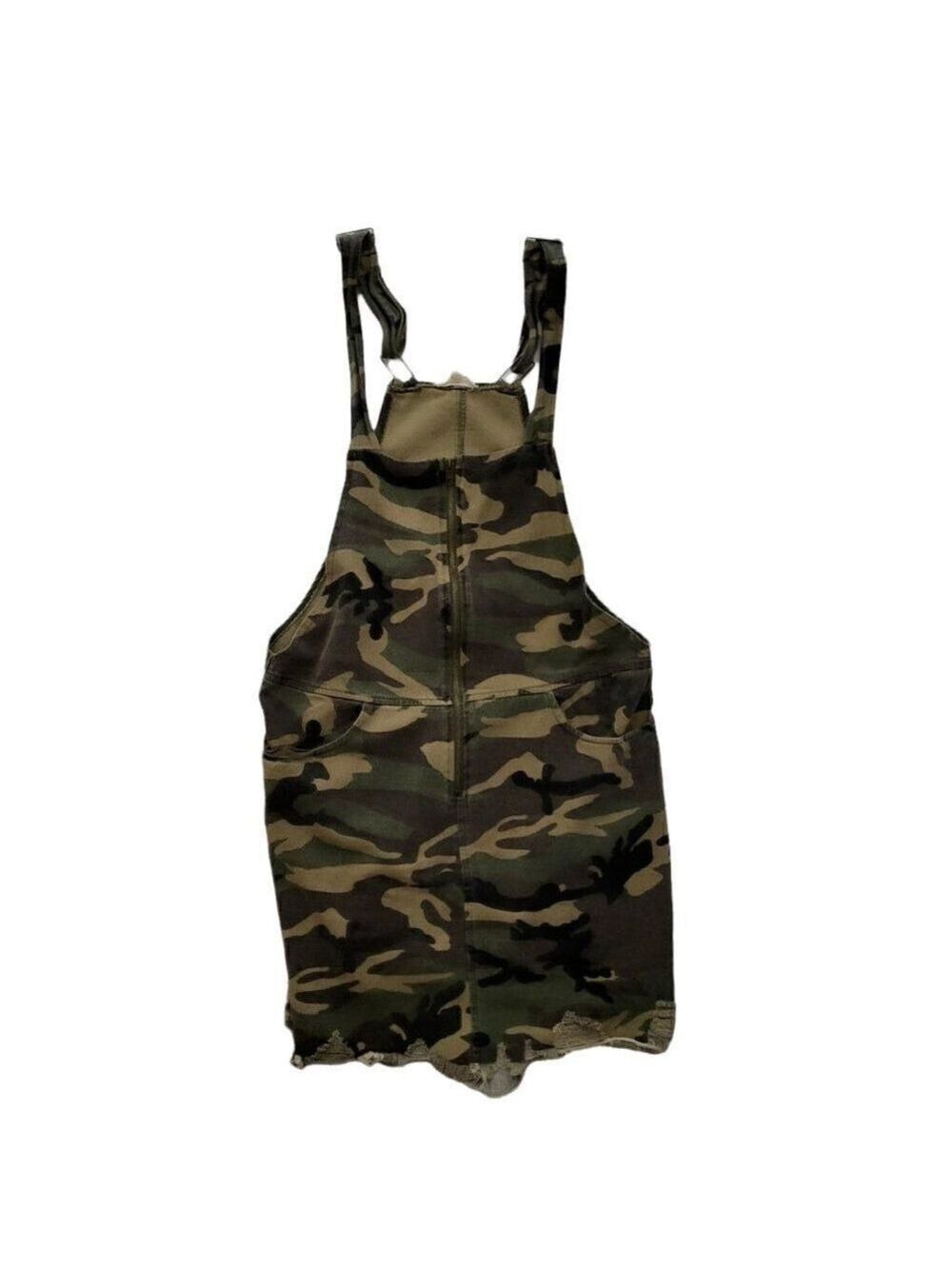Camo Overall Pinafore Denim Dress Olive Green Womens Size Large